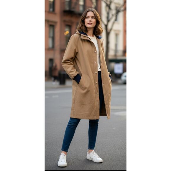 Furrrina Tan Trench Raincoat Hooded Women's Size Small Snap Front Utility 18x34” - Picture 1 of 4